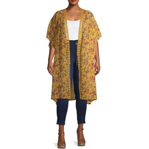 Womens Derek Heart Floral Print Lace Trim Duster Chiffon Kimono Poncho - Sz L